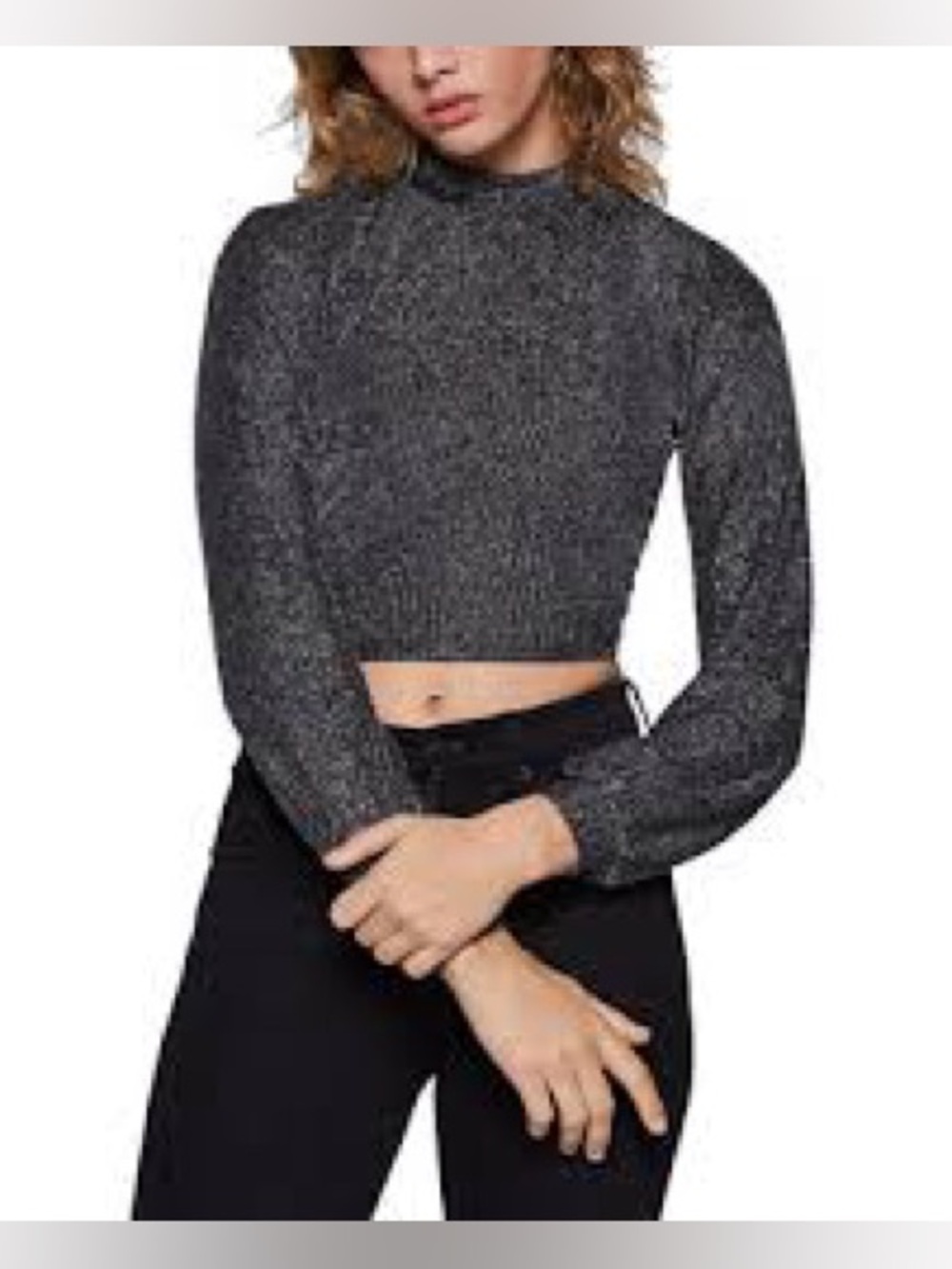 BCBGeneration Black Metallic Mock Neck Crop Top
